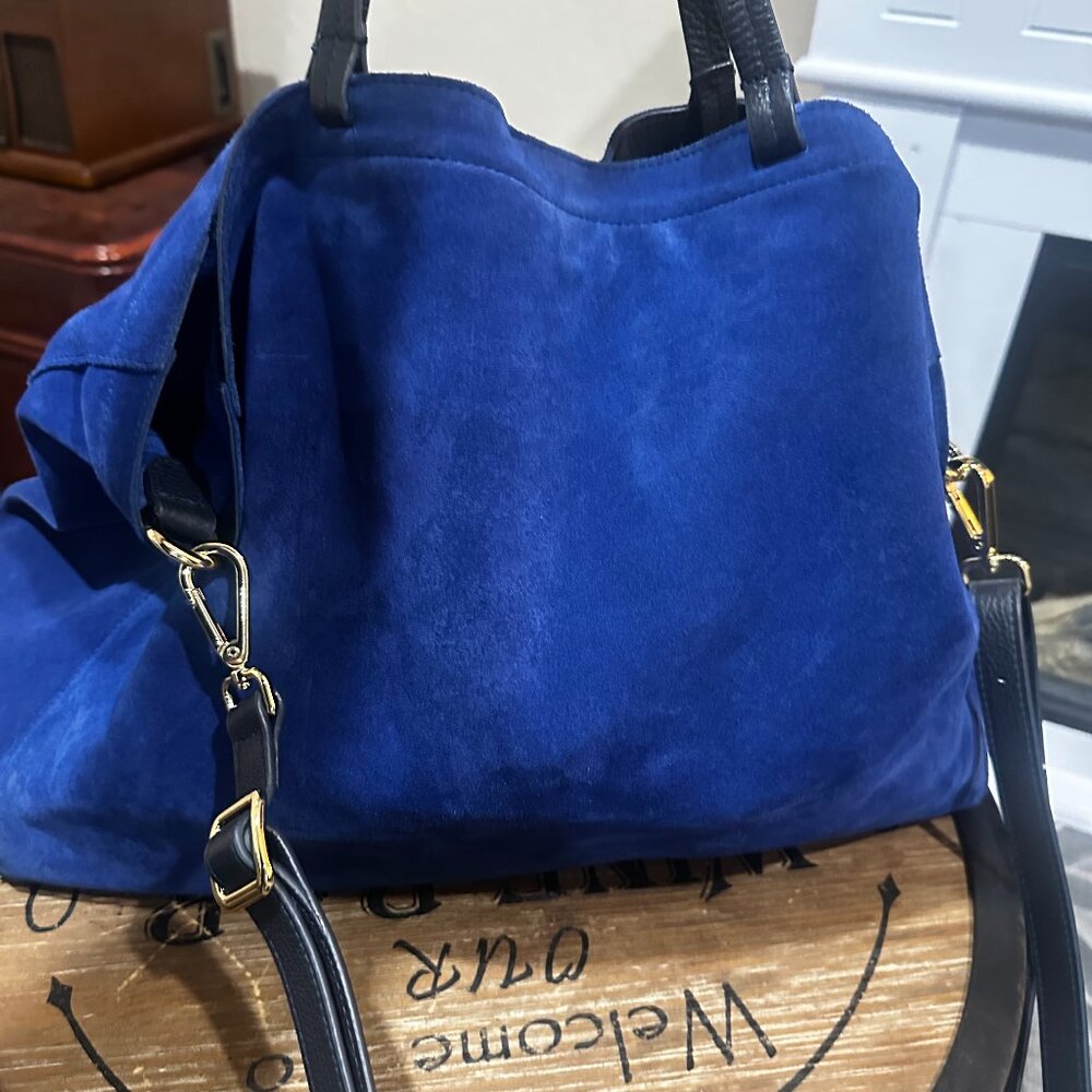 Mark & Graham Blue Suede Tote Bag Leather Trim Large Crossbody